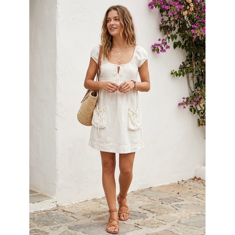 Lucky Brand Women XS Cream Hemp Cotton Peasant Mini Dress Short Sleeve Boho